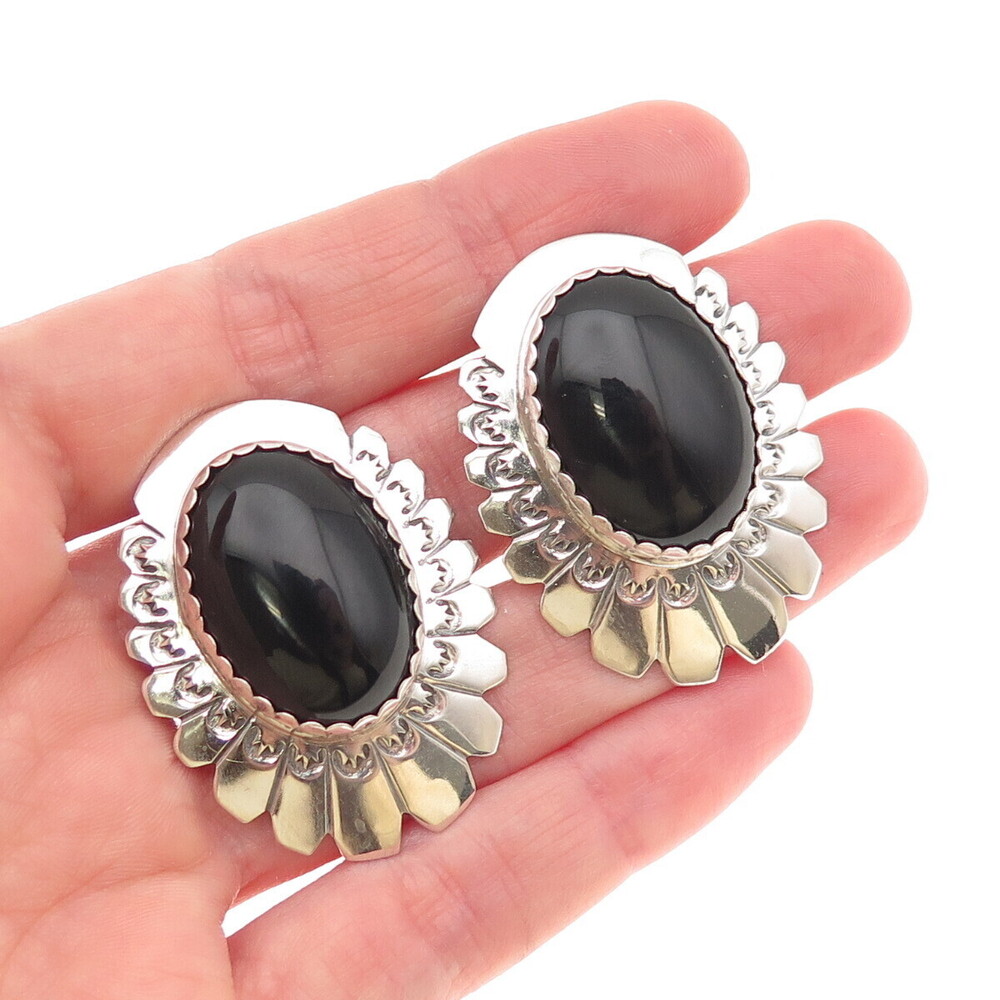 Alex Begay Navajo Old Pawn Sterling Silver Vintage Black Onyx Clip On Earrings